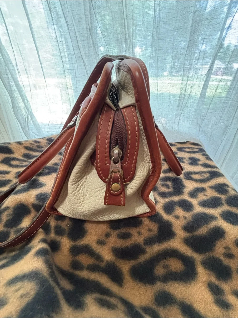 Vintage Liz Claiborne Leather Top-Handle Bag Cream and Brown & shoulder strap